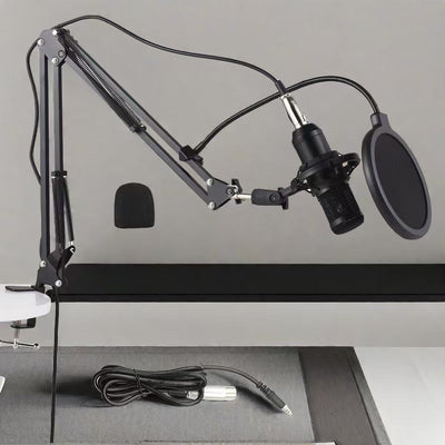 BM-800 Micrófono de condensador con cable, negro, alimentado por USB, conector de 3,5 mm, cuerpo de hierro, para chat de voz y grabación, con accesorios