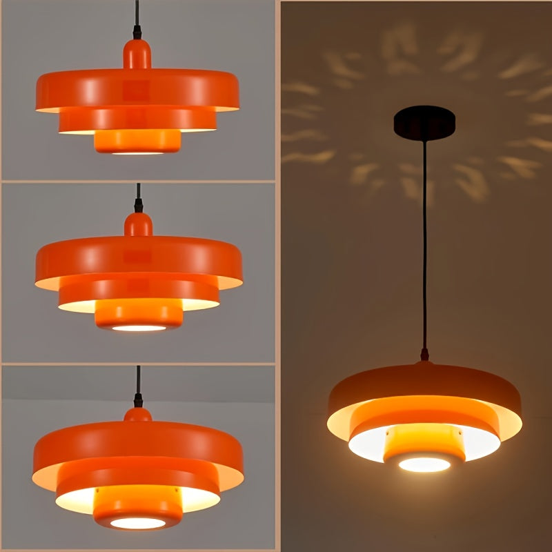 Arandela Vintage, Diseño Medieval Moderno con Pantalla Elegante de Metal Naranja, 3 Capas, Lámpara Colgante Nórdica Redonda para Isla de Cocina o Mesa de Comedor y Dormitorio
