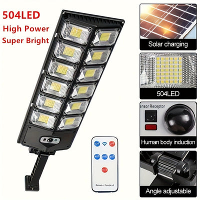 1 lámpara de calle solar, 504×6500K LEDs con lente. Luz automática de puesta de sol a amanecer alimentada por energía solar para estacionamientos; sensor de movimiento de ángulo amplio y farola controlada a distancia. Ideal para iluminación comercial/cor