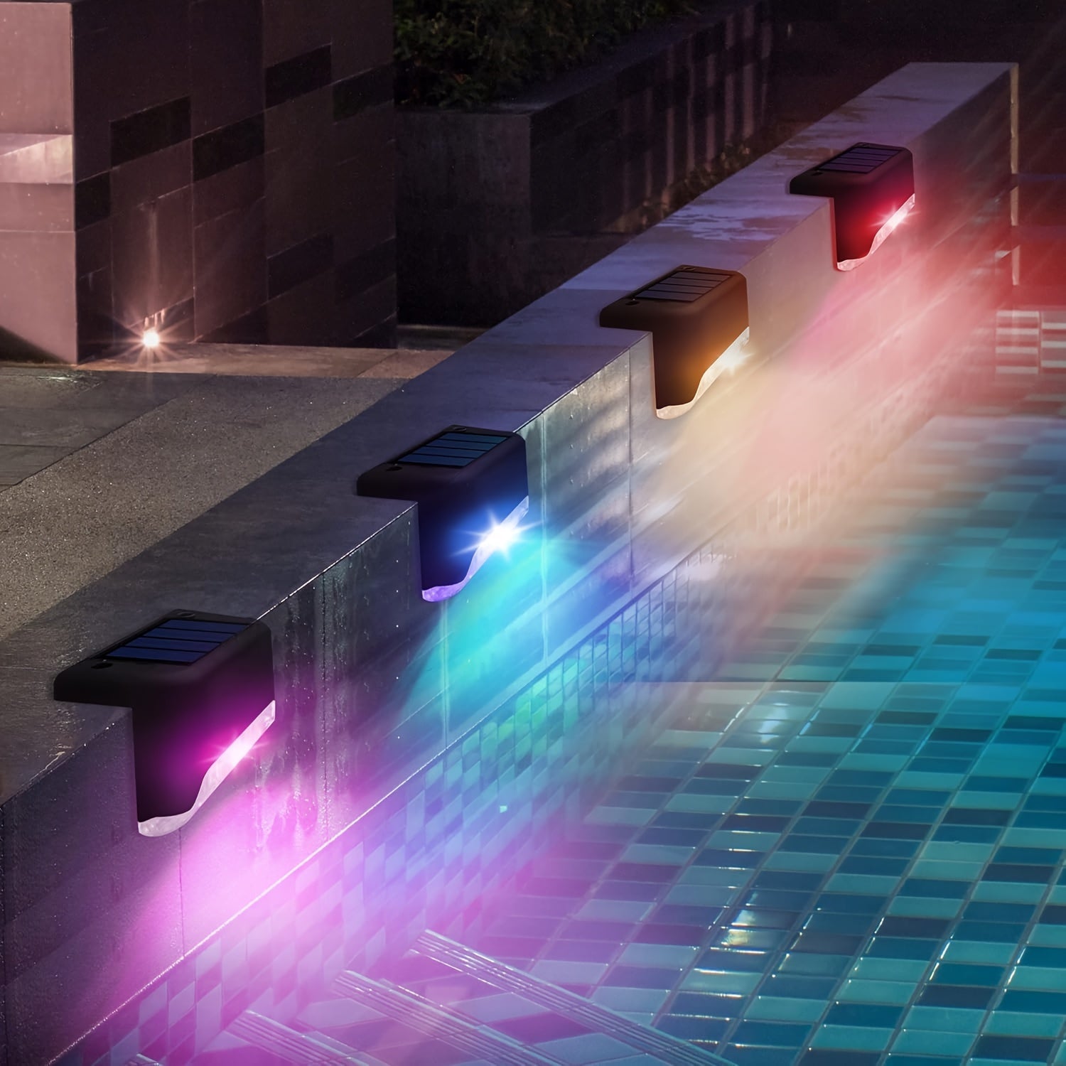 16 juegos de luces solares cambiantes de color para terrazas, luces solares para patios, paredes y bordes de piscinas, terrazas exteriores, barandillas, escaleras, pasos, cercas, luces LED para decoraciones navideñas, festivas y de Año Nuevo