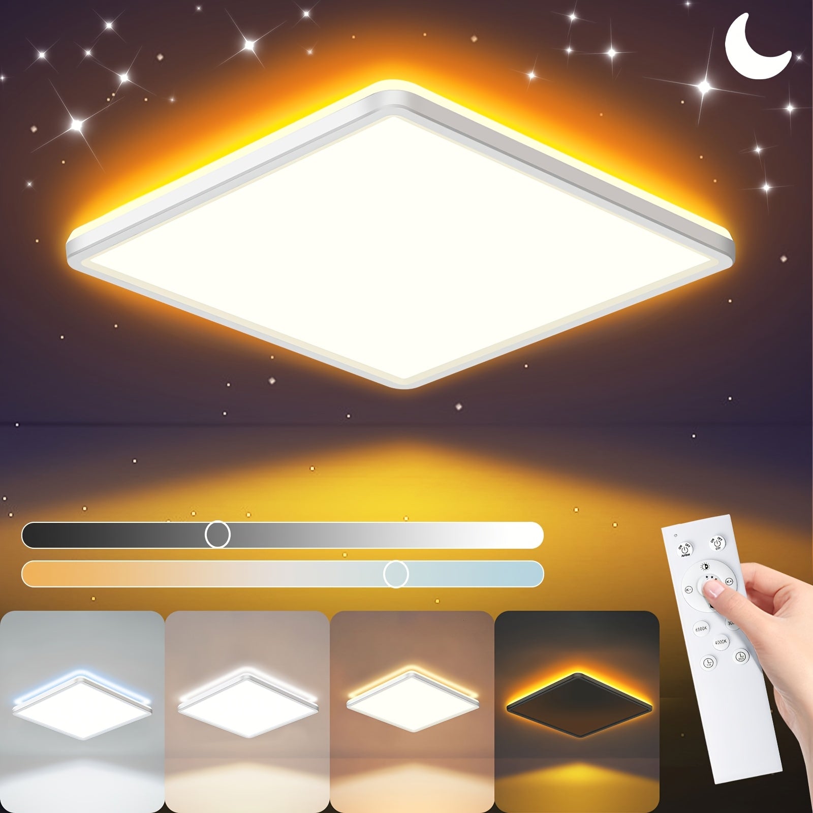1 lámpara LED moderna para techo con luz nocturna, 30.48 cm, CCT seleccionable, 24W, 3000K/4000K/6500K, empotrable con borde iluminado, acabado en metal pulido, control remoto, temporizador, semiempotrada, pantalla de plástico, para cocina, dormitorio, c