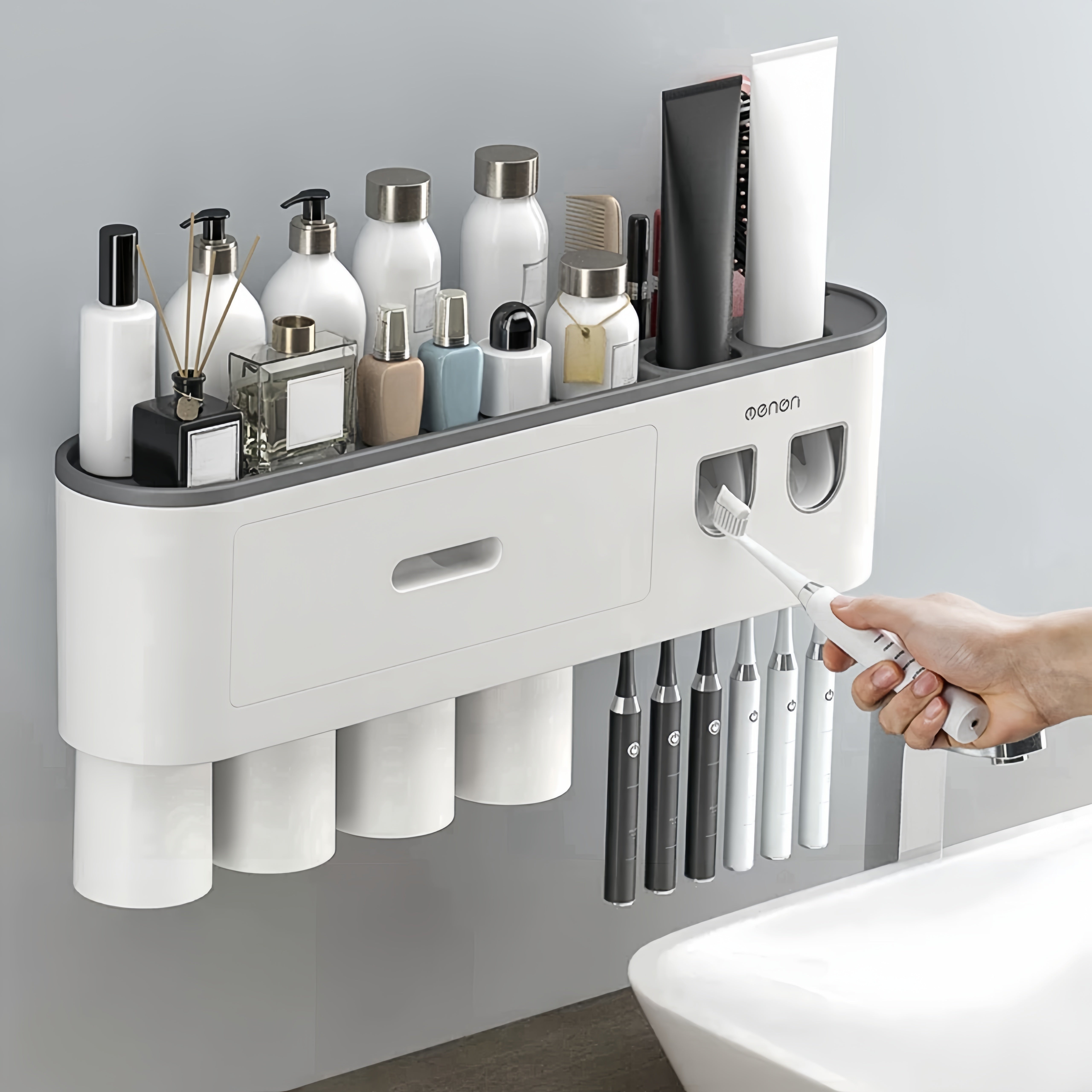 Juego de portacepillos de pared fácil de instalar con dispensadores automáticos de pasta dental, tazas magnéticas y ganchos - No requiere perforación