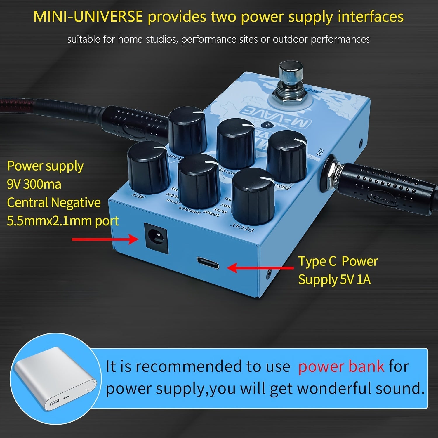 Pedal de Reverb Digital M-VAVE para Guitarras Eléctricas - 9 Efectos de Sonido, Alimentación USB y DC, Pedal Compacto Azul con Potenciómetros para Todo Estilo Musical - Mejora el Tono, Regalo Perfecto para Musicians