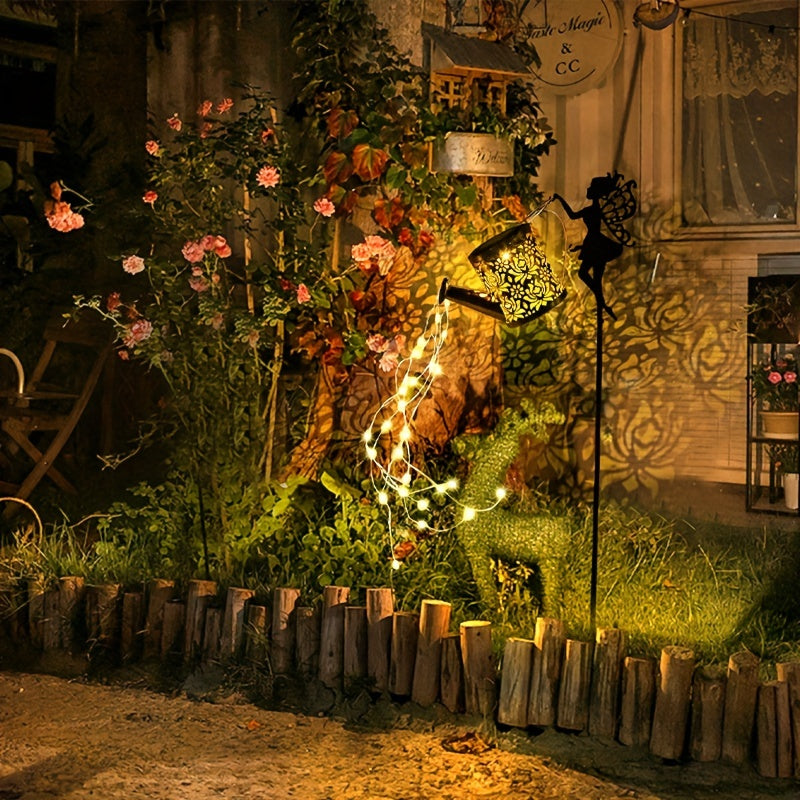 Lámpara de hadas con tetera de ángel a energía solar - Decoración vintage de metal para jardín, candelabro exterior para césped y patio