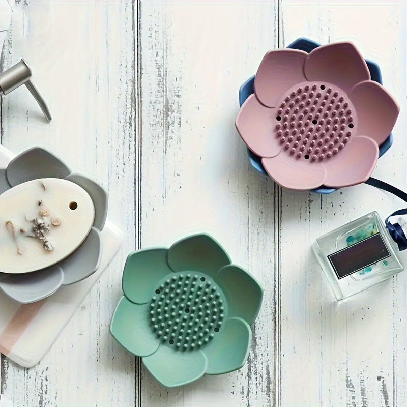 Plato para Jabón de Silicona con Diseño de Loto - Sin Taladro, Soporte para Jabón de Baño con Drenaje, Portátil e Inodoro