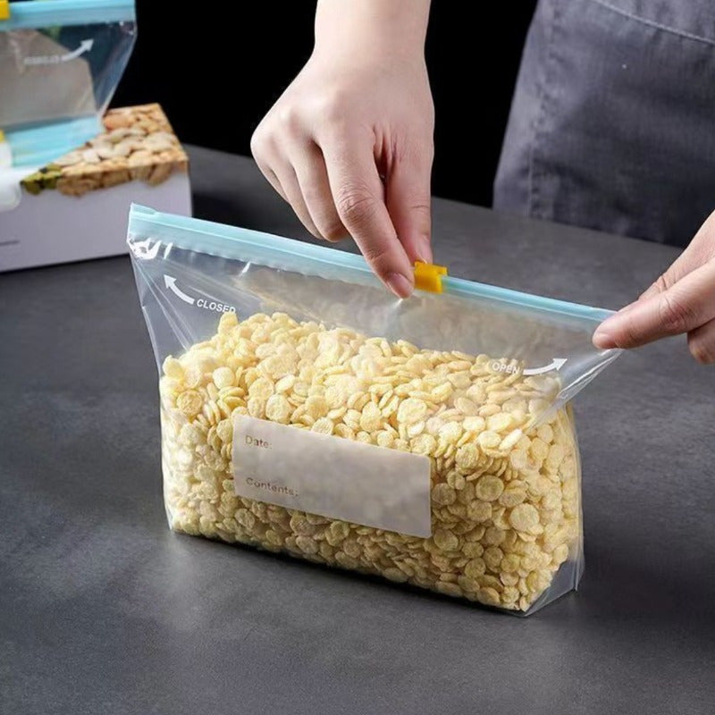 15pcs Bolsas de Almacenamiento de Alimentos Reutilizables con Etiquetas - Bolsas Selladas con Cremallera para Congelador y Refrigerador a Prueba de Fugas para Productos Frescos, Granos, Frutos Secos, Snacks y Más - Material Duradero de PE, Organización F