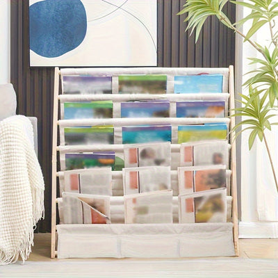 1pc Estante de Madera Clásico Multinivel con Almacenamiento en Tela - Organizador Versátil para Libros, Revistas y Archivos | Ideal para Estudio, Dormitorio o Oficina | Sin Necesidad de Energía