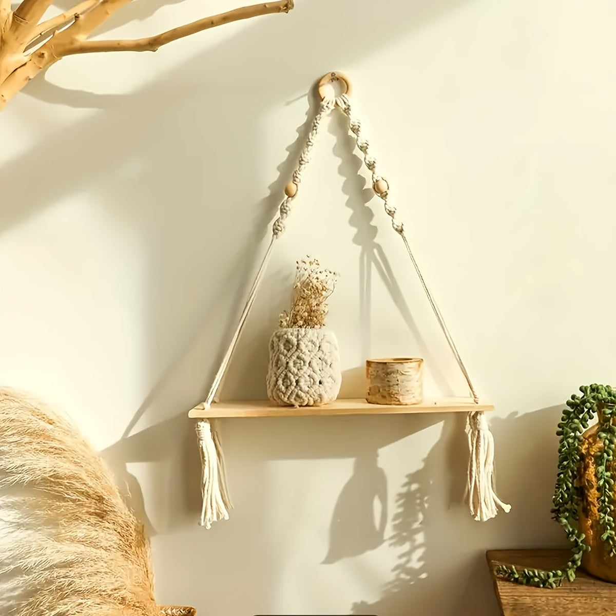 1PC Estante Colgante De Macramé Boho Hecho A Mano Con Plantas De Madera Flotantes, Decoración Estética De Habitación, Decoración Del Hogar, Accesorios De Cocina, Decoración De Baño, Decoración De Dormitorio