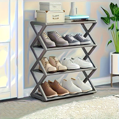 Estante de zapatos de 4 niveles que ahorra espacio - Estante de almacenamiento duradero de metal y plástico, adecuado para zapatos, botas, joyas, relojes - Diseño compacto negro/blanco, ideal para entrada, armario, espacios pequeños, organizador de pies