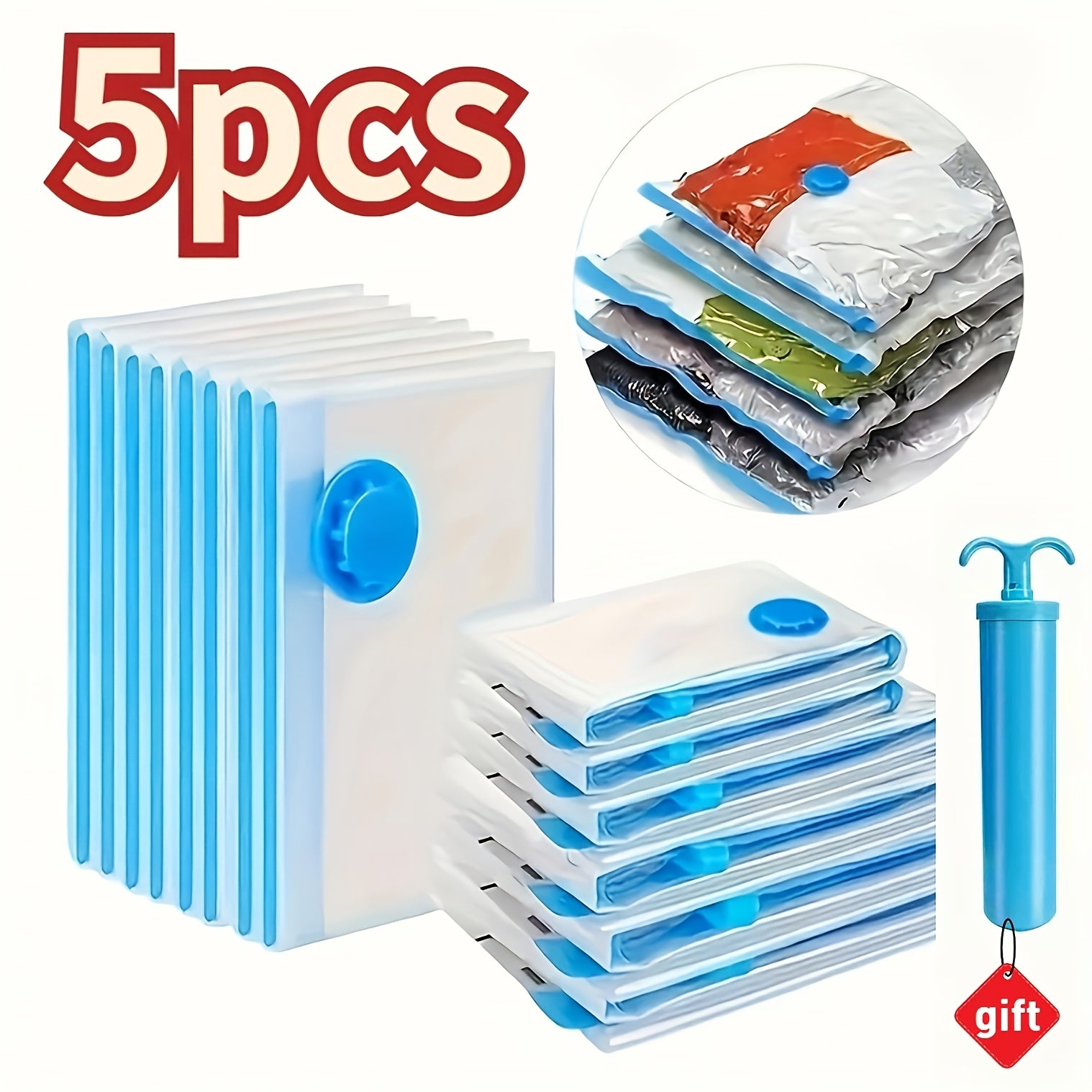 Juego de 5 Bolsas de Almacenamiento al Vacío con Bomba - Organizador Portátil y Ahorrador de Espacio para Viajes, Ropa, Mantas, Ropa de Cama, Regalos Festivos, Solución de Empaque para Maleta, Bolsa Organizadora/Bolsa Protectora de Prendas