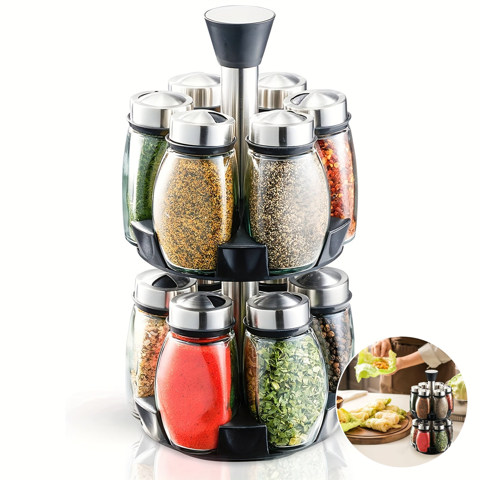 Organizador de especias giratorio 360°, juego de 6/12 frascos con acabado metálico pulido y recipientes de vidrio para rellenar especias, ideal para cocina, alacena o mostrador
