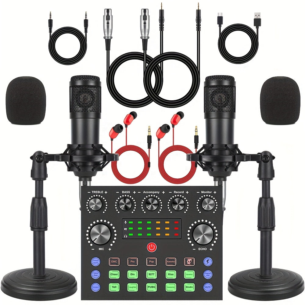 2 interfaces de audio V8s con micrófonos condensadores BM800 - Equipo portátil para podcast con batería, grabación y transmisión en vivo, incluye múltiples accesorios, equipo de grabación profesional, construcción duradera