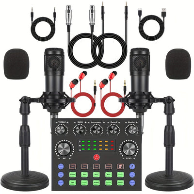 2 interfaces de audio V8s con micrófonos condensadores BM800 - Equipo portátil para podcast con batería, grabación y transmisión en vivo, incluye múltiples accesorios, equipo de grabación profesional, construcción duradera