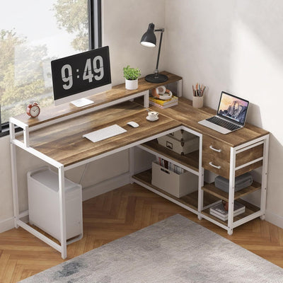 Escritorio en forma de L con cajones y estante de almacenamiento, mesa de esquina para oficina en casa, soporte para monitores, escritorio de computadora de escritorio de 55" x 24", escritorio de juego (madera de roble)