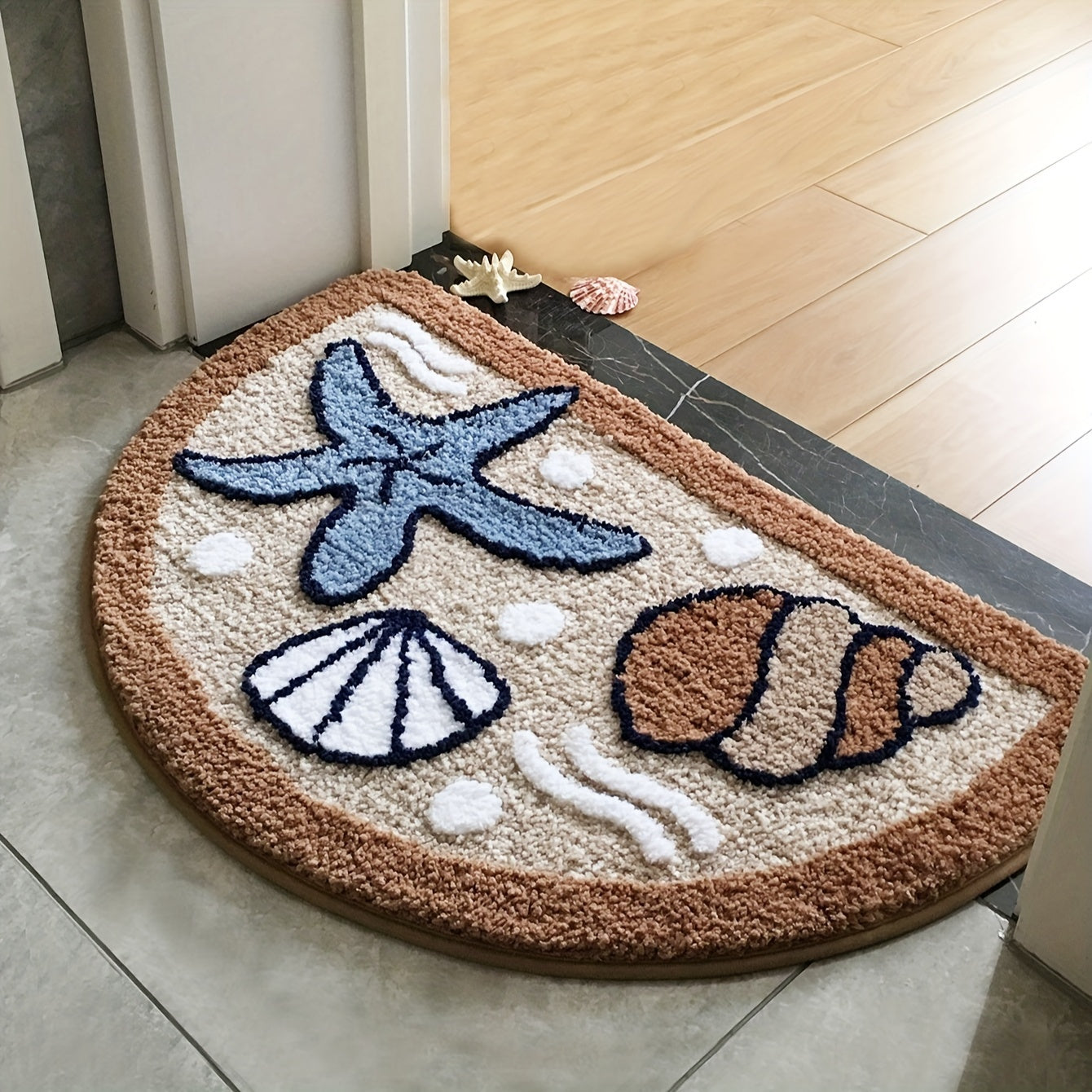 Tapete de baño con diseño de estrella de mar y conchas, 44.96x69.85 cm - Suave, lavable a máquina, respaldo antideslizante de TPR, alfombra esponjosa absorbente para baño, dormitorio, cocina y entrada