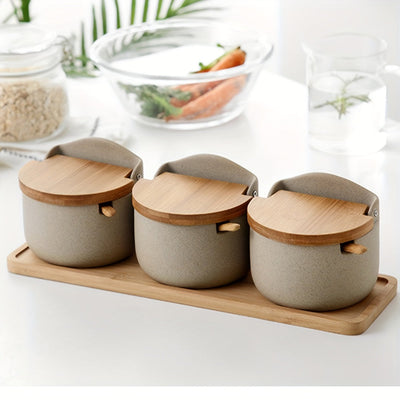 2/3 piezas/Set, Set de ollas de condimento, olla de especias de cocina, recipientes de condimento, olla de glutamato monosódico de cerámica, salero y pimentero con bandeja, recipientes de pimienta, almacenamiento de condimentos con tapa, caja de almacena