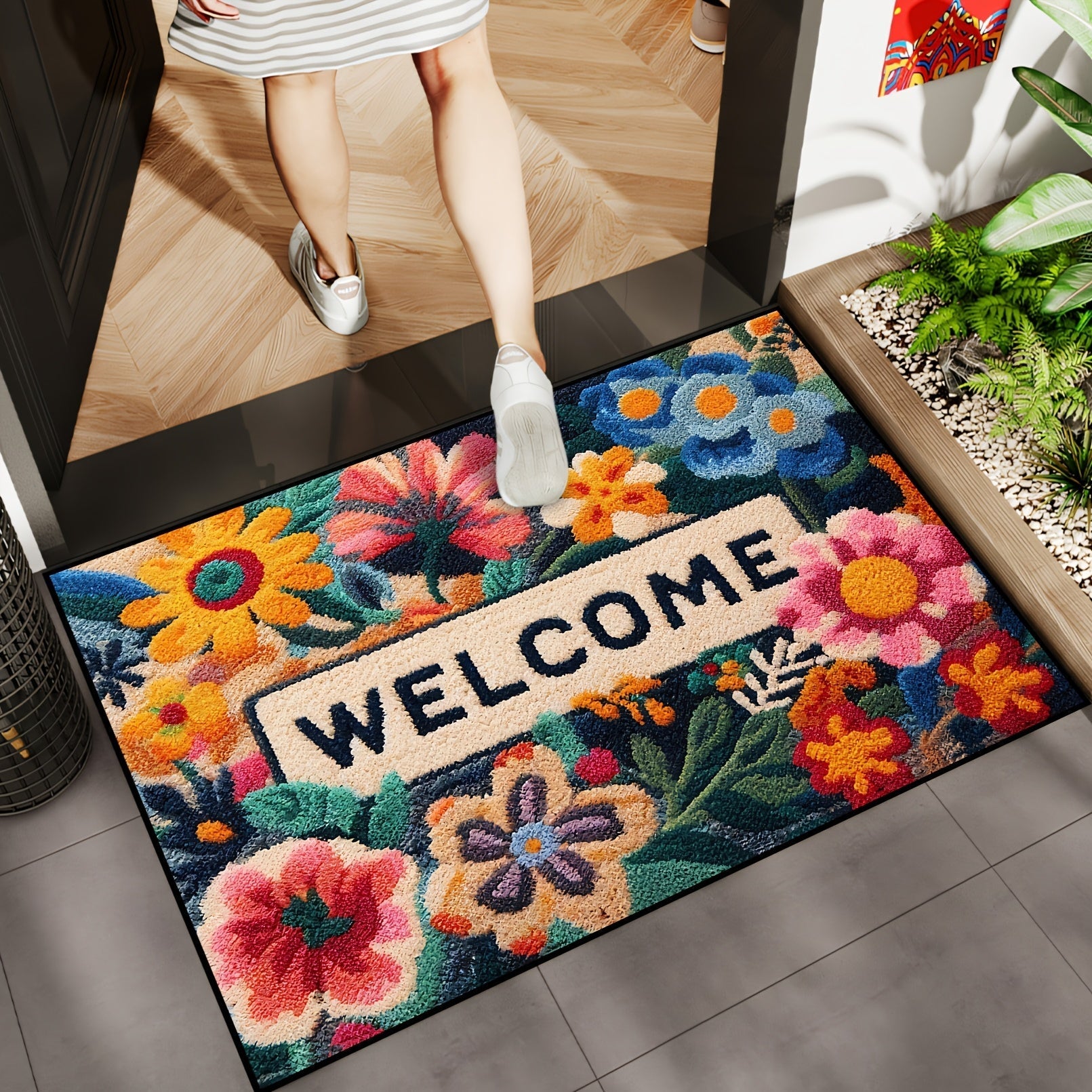 Alfombra de bienvenida floral vibrante, 1 unidad, antideslizante, de poliéster, con flores coloridas y hojas verdes, ideal para cocina, baño, dormitorio y decoración de fiestas, regalo perfecto para primavera, alfombra de entrada para fiestas | Diseño fl