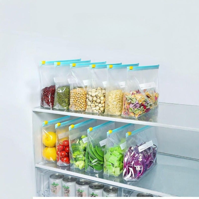 15pcs Bolsas de Almacenamiento de Alimentos Reutilizables y A Prueba de Fugas con Etiquetas - Bolsitas Selladas con Cremallera para Congelador y Refrigerador para Productos Frescos, Granos, Frutos Secos, Snacks y Más - Material Duradero de PE, Organizaci