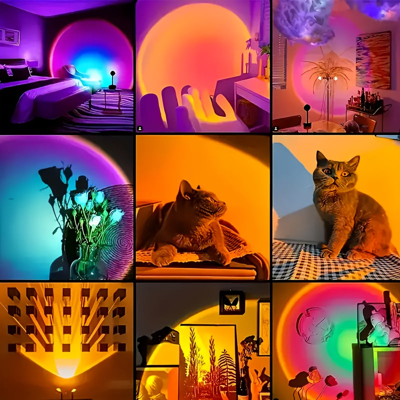 Fuente de Luz Proyección Atardecer con Control Remoto, Requiere Dos Pilas No Incluidas, 16 Colores RGB Ajustables, Rotación 180°, Ideal para Dormitorio, Fiestas, Fotografía, Iluminación Decorativa, Lámpara Ambiente Romántica, Regalo Perfecto para Fotos E