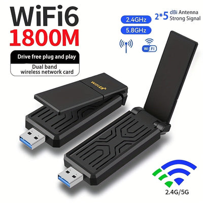 Adaptador de Red Inalámbrica WiFi 6 USB 3.0, Apto para PC y Portátiles, Banda Dual WiFi 5.8G/2.4G con Tecnología de Seguridad Super USB 3.0 & WPA3, 1800Mbps, Antena de Alta Ganancia Doble 5Dbi, Receptor/Transmisor WiFi, Solo Compatible con Windows 10/11