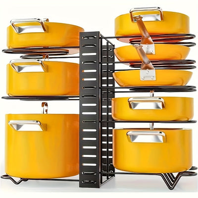 Organizador de Ollas y Sartenes de 8 Niveles - Resistente al Óxido, Antideslizante para Cocina - Diseño Ahorrador de Espacio con Soporte en el Piso para Hogar y Restaurante | Estante Metálico Duradero | Organizador Moderno para Utensilios