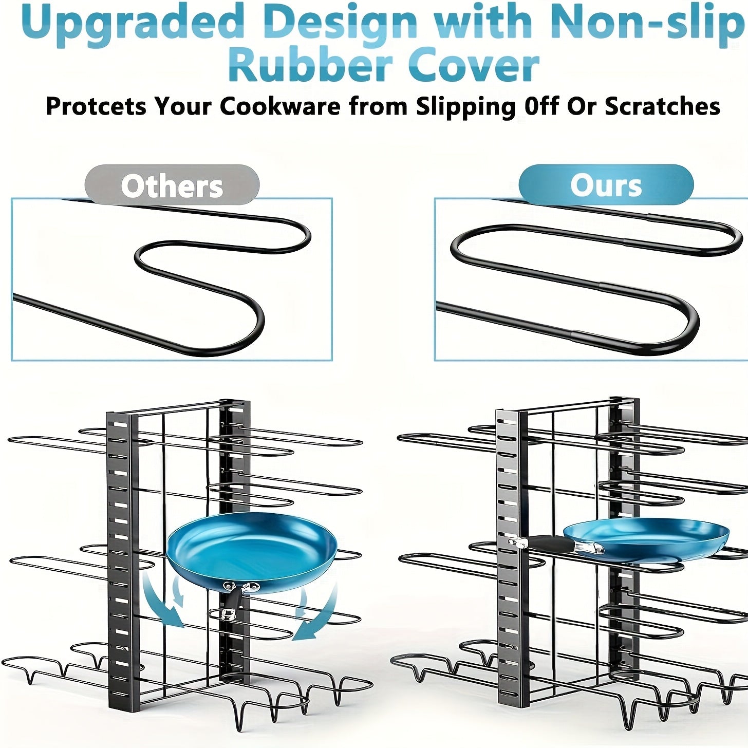 Organizador de ollas y sartenes de metal resistente de 8 niveles, antideslizante y resistente al óxido, diseño de pie para ahorrar espacio, ideal para cocinas en hogares y restaurantes, accesorio moderno y duradero para almacenamiento