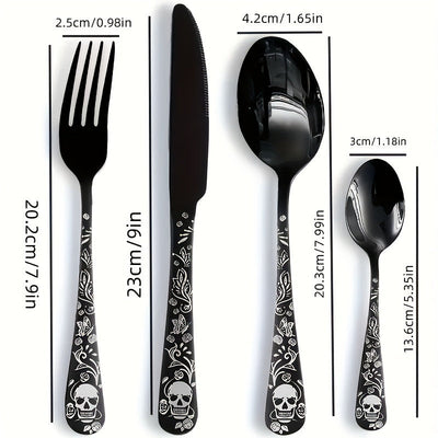 Juego de cubiertos de acero inoxidable con diseño gótico de calavera y rosa, 4/16/24 piezas, cuchara, tenedor, cuchillo, pulido espejo, ideal para regalos de Halloween, Navidad, Pascua y Hanukkah