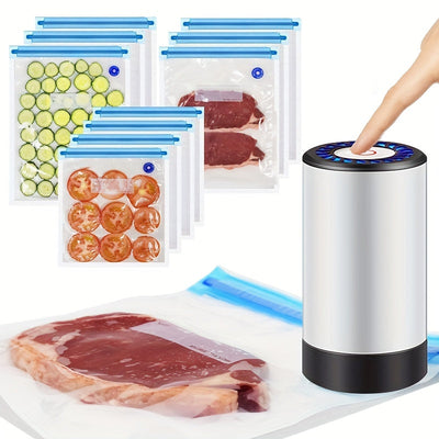 Conjunto de Sellador al Vacío Eléctrico Conveniente ABUDODO, Bomba de Vacío Manual Compresada por Aire, Carga USB, Utilizado para el Sellado y Almacenamiento de Alimentos, Diseño Cilíndrico Compacto, Adecuado para la Cocina del Hogar - Máquina Selladora