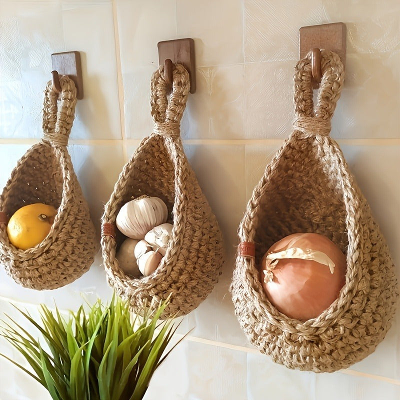 Canasta Colgante de Yute Tejida a Mano - Organizador Rústico para Pared de Cocina para Frutas y Verduras con Ganchos, Cesta de Fibra Natural de Alta Calidad para Interior/Exterior