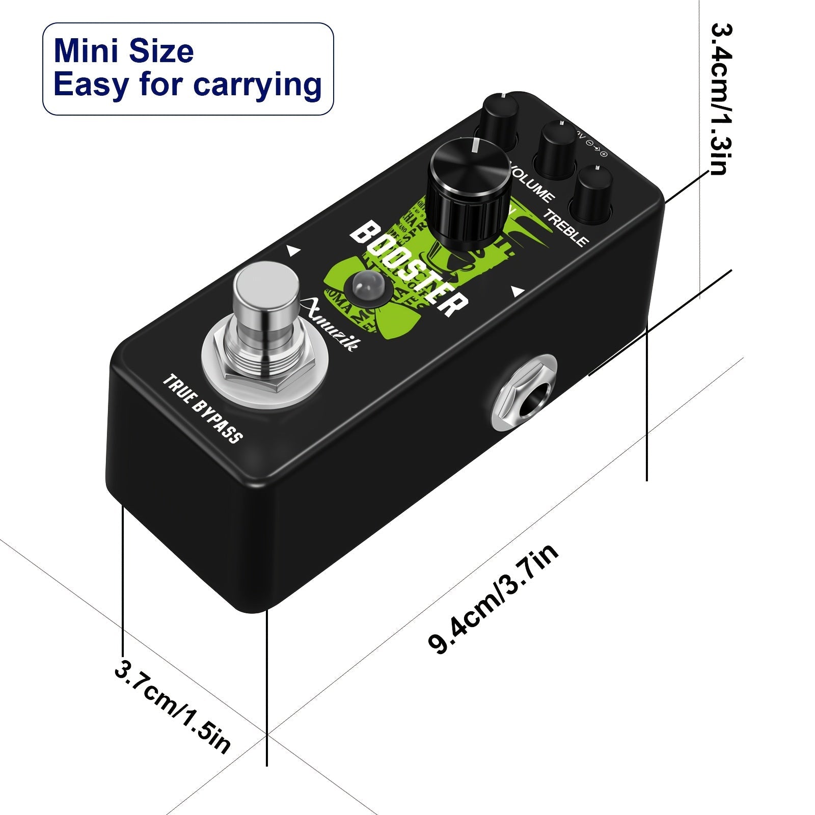 Amplificador de efecto de guitarra Amuzik Mini Booster, aleación de aluminio negro, verdadero aumento de ganancia, señal analógica, control de perilla, cableado, ≤36V, no requiere batería