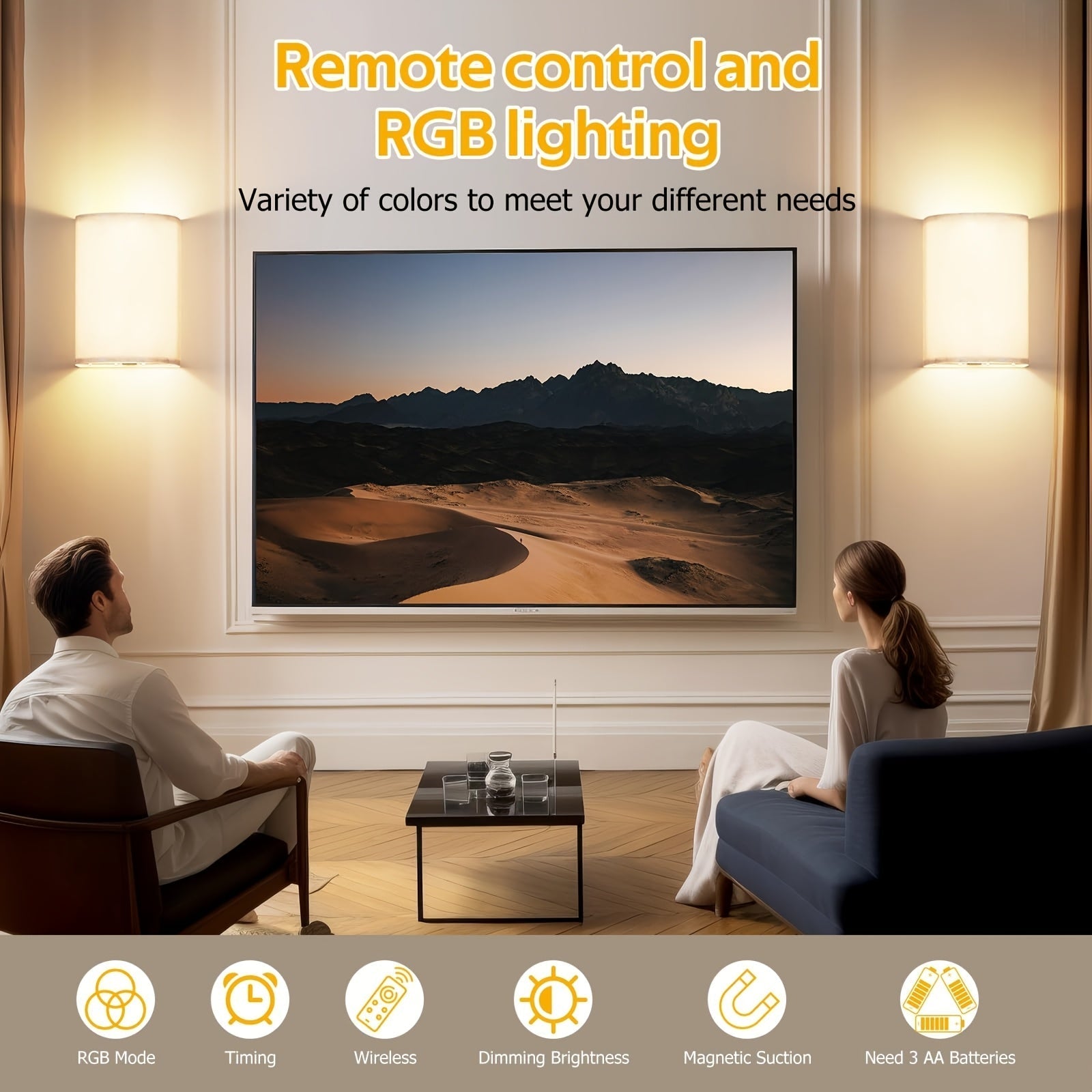 2 unidades, LED, Control remoto, CCT 3 colores/RGB 16 colores ajustables, Ajuste de brillo, Instalación magnética, Lámpara de pared de tela, Lámpara de atmósfera, Lámpara decorativa, (No incluye baterías)