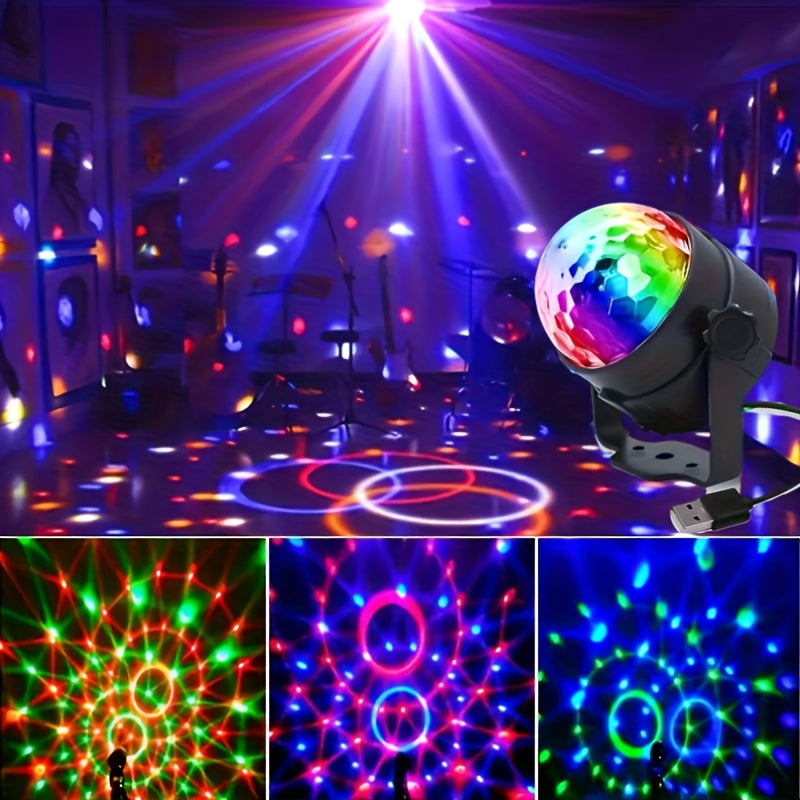 1 bola de discoteca con proyecciones coloridas, alimentada por USB - Lámpara de fiesta de plástico resistente para uso en interiores/exteriores, con modos de destello automático, decoración para cumpleaños, hogar, auto y eventos, decoración de bola de di
