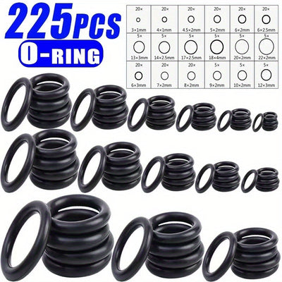 Juego de 225 piezas de anillos tóricos - Juntas de goma resistentes al aceite y al agua, varios tamaños para aplicaciones automotrices e industriales, incluye estuche resistente, elección de mecánicos para uso industrial | Tamaños surtidos | Estuche dura