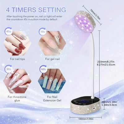 Linterna de Uñas Compacta para Escritorio con Pantalla Táctil - Secador Portátil con Piedras Brillantes, 12 Luces LED, Sensor Infrarrojo Inteligente, Kit de Manicura Perfecto para Cumpleaños de Mujeres