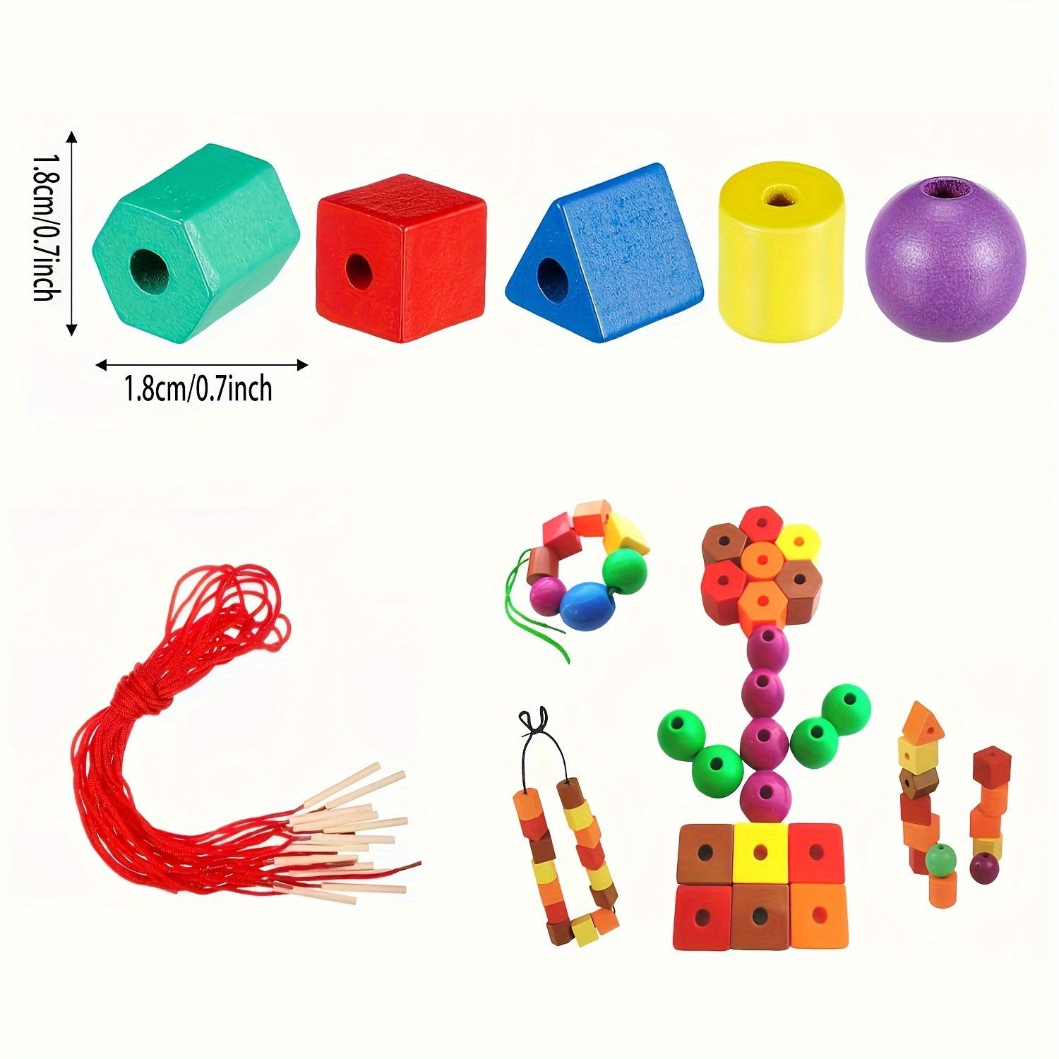 100pcs Cuentas de Plástico Coloridas para Niños – Formas y Tamaños Variados, Juguetes de Enhebrado Amigables con Cordón y Bolsa de Almacenamiento, Perfectos para el Aprendizaje Preescolar y el Tiempo de Juego, Juguetes para Niños
