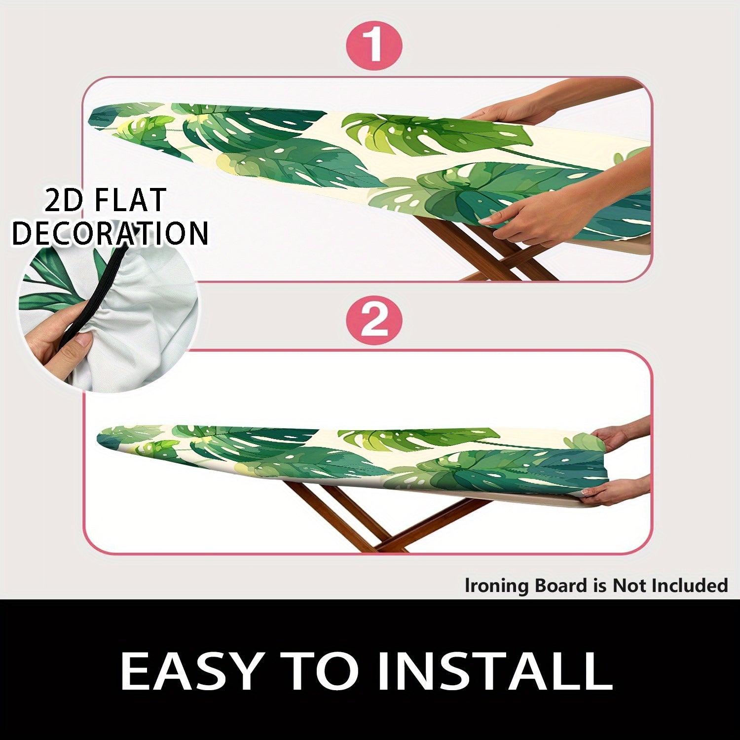 2D Plano, Cubierta de Tablero de Planchar 2D con Estampado de Hojas Tropicales - Ajuste Reajustable, Borde Elástico y Correas de Fijación, Diseño Blanco y Verde, Incluye Soporte de Lavadora y Tablero de Planchar, Cubierta de Lavadora, Decoración de Habit