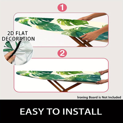2D Plano, Cubierta de Tablero de Planchar 2D con Estampado de Hojas Tropicales - Ajuste Reajustable, Borde Elástico y Correas de Fijación, Diseño Blanco y Verde, Incluye Soporte de Lavadora y Tablero de Planchar, Cubierta de Lavadora, Decoración de Habit
