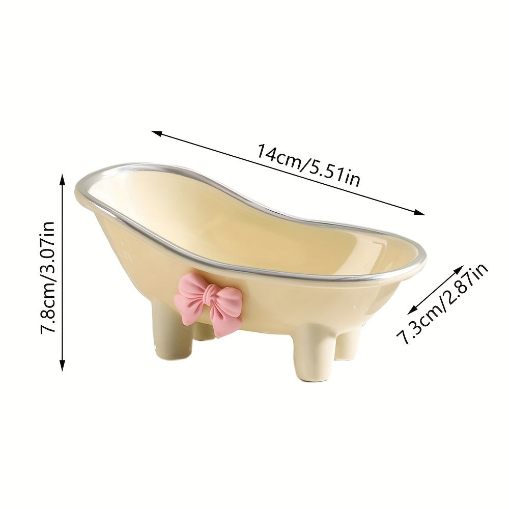 1pc Elegante Jabonera con Forma de Bañera y Adorno de Lazo Rosa - Soporte de Drenaje Ovalado de Plástico para Baño y Lavabo, Ideal para Almacenamiento de Jabón
