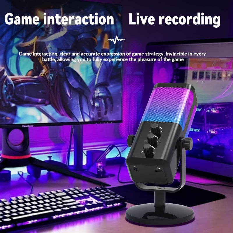 Micrófono de condensador RGB Ultra-Clear Sound - Plug & Play, reducción de ruido inteligente, monitoreo en tiempo real, control de perilla independiente, perfecto para transmisiones en vivo, juegos y más - Conexión USB Type-C, material ABS, control de vo