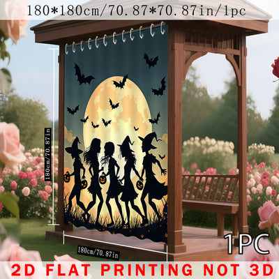 1pc/2pcs Cortinas para Exteriores, Diseño de Escena de Bruja en y Naranja con Estampado 2D, Adecuadas para Patio, Cenador, Jardín, Todas las Estaciones, Incluye Ganchos, Decoración Temporal para Halloween, Navidad y Bodas