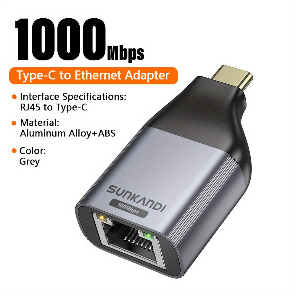 Adaptador USB-C a Ethernet SUNKANDI, 1Gbps Gigabit RJ45 a Tipo C, Plug and Play sin controladores para MacBook Pro/Air, iPhone 16 Pro/Max, iPad, XPS, laptops - Negro, adaptador Plugandplay | Acabado metálico elegante | Transferencia de datos eficiente, a