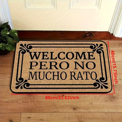 Tapete de bienvenida con diseño floral en tono café elegante, "WELCOME PERO NO MUCHO RATÓN", fibra de poliéster, solo lavado a mano, ideal para entrada de casa, decoración interior, porche y sala, accesorio hogareño elegante, texto en letra cursiva