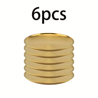 6 platos de acero inoxidable, plato dorado para ensaladas, plato para BBQ coreana, plato principal occidental, plato para bocadillos y postres, ideal para restaurantes y uso en casa, bandeja multifuncional para snacks y plato para huesos