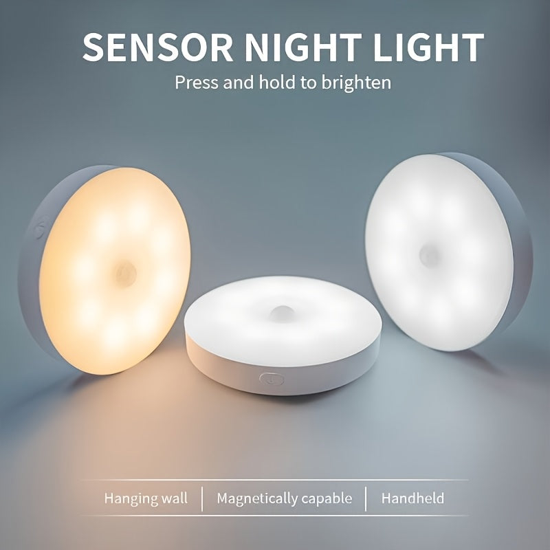 3 luces nocturnas con sensor de movimiento, dimmer de 8 LED, recargable por USB, acabado pulido, opción para colgar o poner de pie, para dormitorio, pasillo, clóset y escaleras, color sólido, batería de litio
