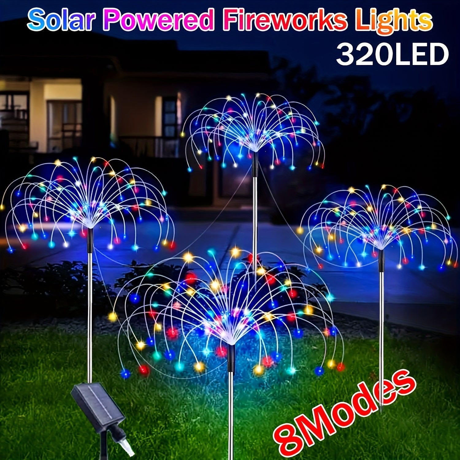 4/ 1 Paquete de Luces Solares para Jardín con 8 Modos, Luces de Fuegos Artificiales LED 320/240/90 - IP65 Impermeables - Luces de Cadena Multicolor y Cálidas para Decoración Exterior, Patio, Sendero, Fiesta o Celebraciones - Iluminación para Exteriores