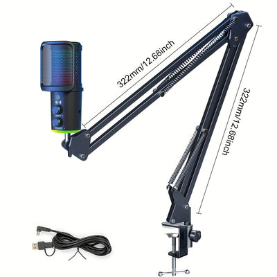Microfono USB, Micrófono Condensador RGB con Brazo Boom Plug & Play, Kit de Microfonía Metálico Cardioid para PC y Computadora con Sonido Profesional para Grabación, Gaming y Canto, Incluye Filtro Anti-Pop