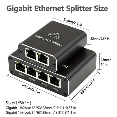 Divisor/switch de Ethernet Gigabit RJ45 de 1 puerto a 2 salidas y 1 puerto a 4 salidas - Switch de red alimentado por USB-C de 1000 Mbps con indicadores LED, Auto-MDIX, compatible con cables categoría 5e/6/7/8 para hogar, escuela, oficina, compartir inte