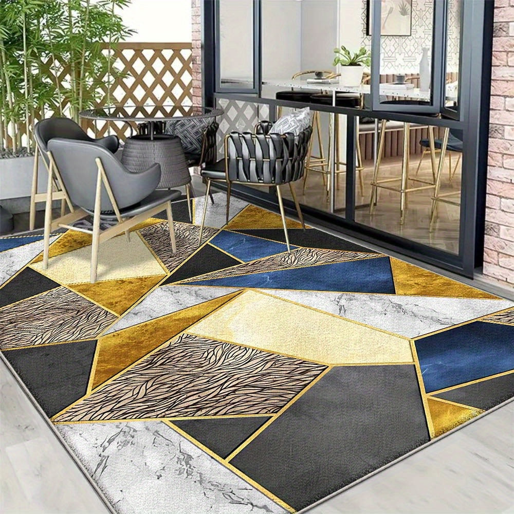 Alfombra de Lujo SevenDeer para Interior/Exterior - Base Antideslizante 852gsm, Diseño Minimalista Moderno en Azul Marino/Beige/Dorado//Gris - Alfombrilla Grande para Patio, Sala, RV o Terraza - Lavable a Máquina en Poliéster