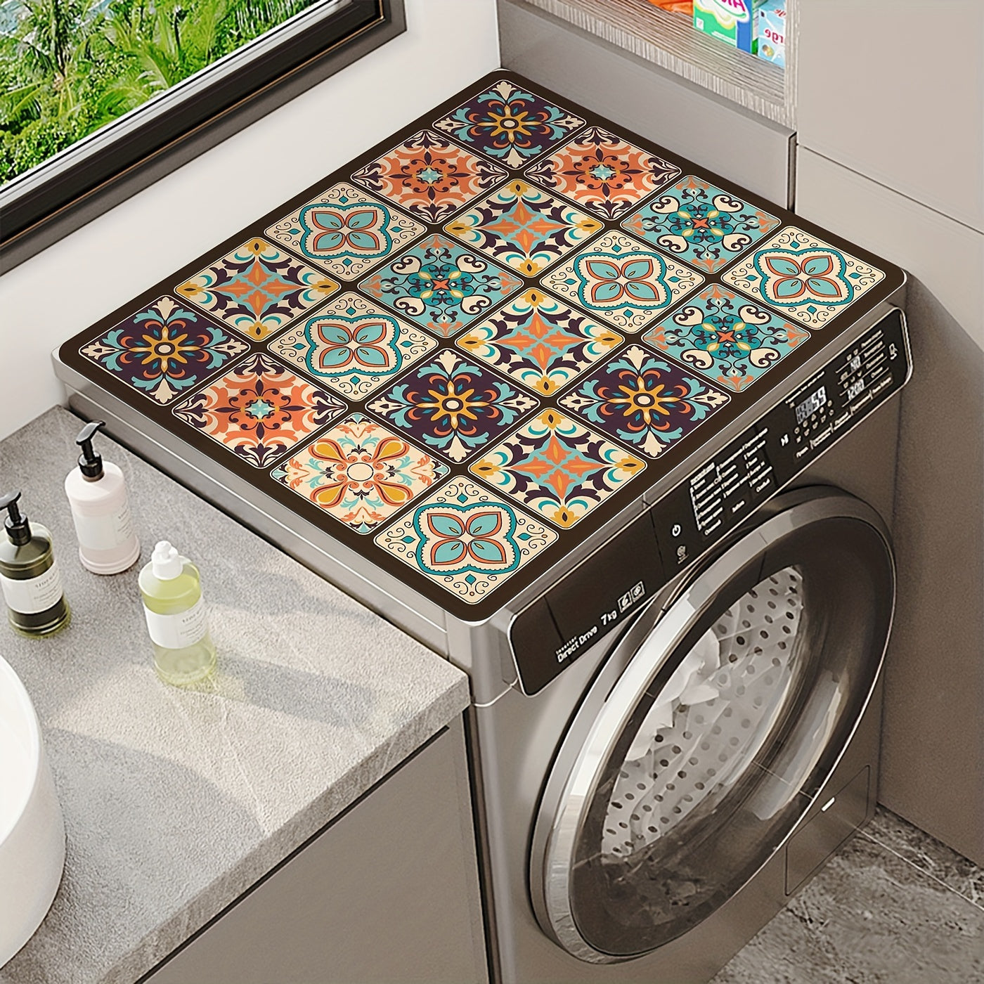 1 pieza de tapa de lavadora de mosaico vintage, duradera, hecha de diatomeas, 15,75" x 19,69", con patrón floral colorido, ideal para decorar la cocina o el cuarto de lavado, tapa decorativa de electrodoméstico|Estilo retro|Material de diatomeas