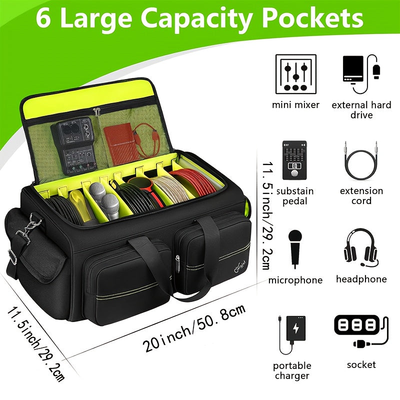 Bolso de DJ de gran capacidad con 6 bolsillos - Correa de hombro acolchada, poliéster duradero, organizador de cables de color neón verde y negro para cables de extensión, micrófonos, pedales, mezcladores de audio - Perfecto para músicos y actuaciones de